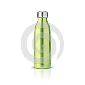 Vector Realistic 3d Green Blank Glossy Metal Reusable Water Bottle with Silver Bung Closeup Isolated on White Background