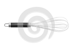 Vector realistic 3D metal wire steel whisk closeup isolated on white background. Cooking utensil, egg beater. Design