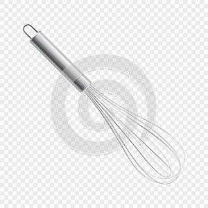 Vector realistic 3D metal wire steel whisk icon closeup isolated on transparency grid background. Cooking utensil, egg photo