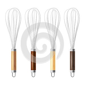 Vector Realistic 3D Metal and Wooden Wire Steel Whisk Icon Set Closeup Isolated. Cooking Utensil, Egg Beater, Culinary