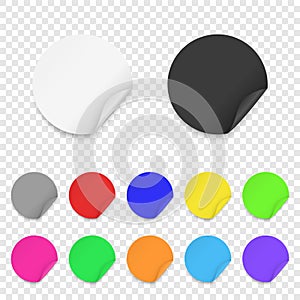 Vector Realistic 3d Round Adhesive Colored Blank Paper Sticker Icon Set Closeup Isolated on Transparent Background