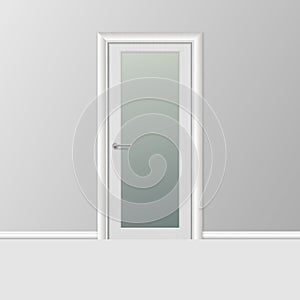 Vector Realistic 3d Simple Modern White Closed Door with Frame on Grey Wall in the Empty Room. Interior Design Element