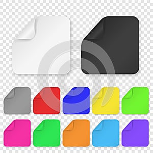 Vector Realistic 3d Square Adhesive Colored Blank Paper Sticker Icon Set Closeup Isolated on Transparent Background