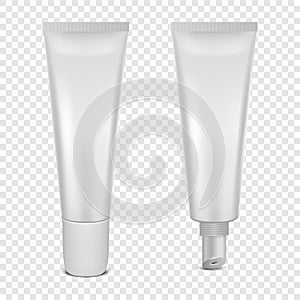 Vector realistic 3d white blank glossy closed and opened lip balm stick or hygienic lipstick in tube set closeup photo