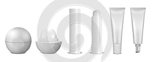 Vector realistic 3d white blank glossy closed and opened lip balm stick icon set closeup on white background photo