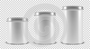 Vector Realistic 3d White Blank Metal Tin Can Container Set Closeup Isolated on Transparent Background. Design Template