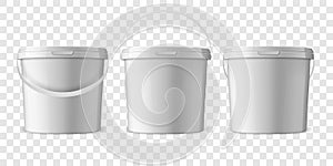 Vector Realistic 3d White Plastic Bucket for Food Products, Paint, Foodstuff, Adhesives, Sealants, Primers, Putty Set photo