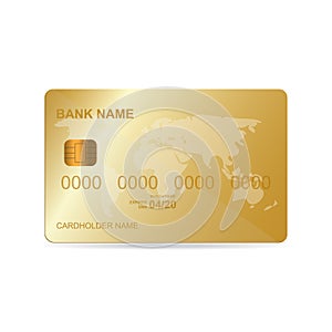 Vector Realistic detailed gold credit card with the world map on black background.