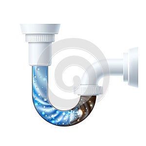 Vector plastic drain pipe clog with liquid cleaner photo