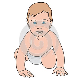 Vector realistic drawn baby on white. Cute little baby boy dressed in white diaper, creeps