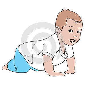 Vector realistic drawn baby on white. Cute little baby boy dressed in white shirt and blue pants, creeps