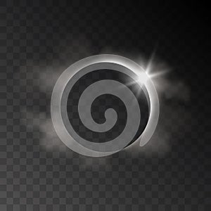 Vector realistic eclipse transparent effect with clouds and light rays on dark background