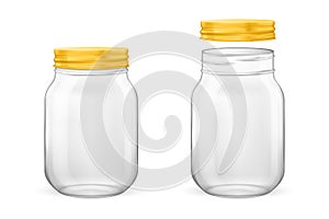 Vector realistic empty glass jar for canning and preserving set with golden lid - open and closed - closeup isolated on
