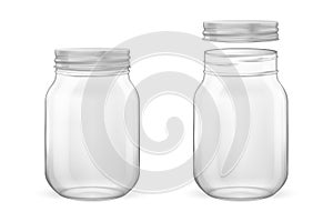 Vector realistic empty glass jar for canning and preserving set with silvery lid - open and closed - closeup isolated on
