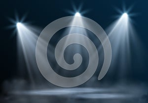 Vector realistic empty illuminated stage with three spotlights and mist on dark blue background