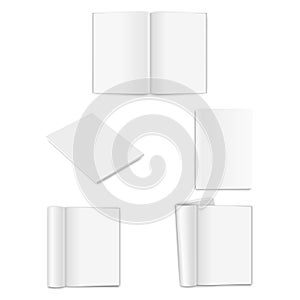 Vector realistic empty paper closed and opened A4 vertical magazine, book, catalog or brochure with rolled white paper