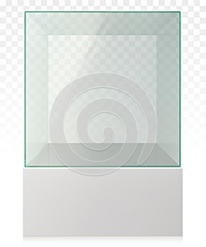 Vector Realistic Empty Transparent Glass Cube on Pedestal