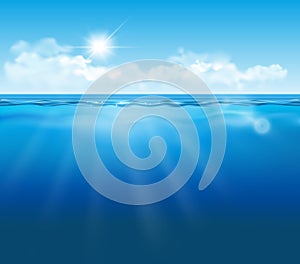 Vector realistic empty underwater view with blue sky, clouds and sun and light effects