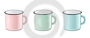 Vector realistic enamel metal in pastel colors - pink, green, blue - mug set isolated on white background. EPS10 design photo