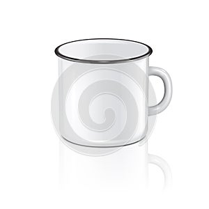 Vector realistic enamel metal white mug with reflection isolated on white background. EPS10 design template for Mock up.