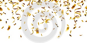 Vector realistic falling gold confetti and streamers seamless pattern on white background