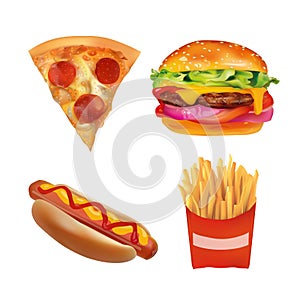 Vector Realistic fast Food Set. Burger, Pizza, Beverage, Coffee, French Fries, Hot Dog, Ketchup, Mustard. Isolated On White
