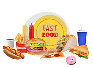 Vector Realistic fast Food Set Composition. Burger, Pazza,Taco, Beverage, Coffee, French Fries, Hot Dog, Sandwich, Donut, Ketchup,