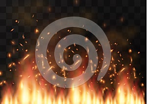 Vector realistic fire transparent special effect element. A hot flame is bursting. Campfire.Heat overlay. Vector fire