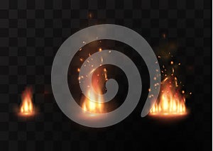 Vector realistic fire transparent special effect element. A hot flame is bursting. Campfire.Heat overlay. Vector fire