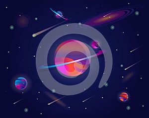 Vector realistic and futuristic space background with bright light planets and stars. Abstract universe with big planet