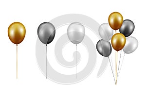 Vector Realistic Glossy Metallic Gold, Black, White Balloon Set Closeup Isolated on White Background. Bunch, Group