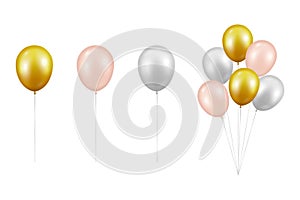 Vector Realistic Glossy Metallic Golden, Pink, White Balloon Set Closeup Isolated on White Background. Bunch, Group