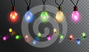 Vector realistic glowing colorful christmas lights in seamless pattern and individual hanging light bulbs isolated on dark