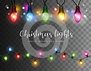 Vector realistic glowing colorful christmas lights in seamless pattern and individual hanging light bulbs isolated on dark backgro