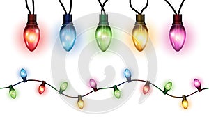 Vector realistic glowing colorful christmas lights in seamless pattern and individual hanging light bulbs isolated on white backgr photo