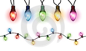 Vector realistic glowing colorful christmas lights in seamless pattern and individual hanging light bulbs isolated on white backgr