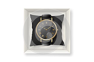 Vector Realistic Golden Classic Vintage Unisex Wrist Watch with Roman Numerals and Black Dial in Box Closeup Isolated on