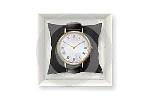 Vector Realistic Golden Classic Vintage Unisex Wrist Watch with Roman Numerals in Box Icon Closeup Isolated on White