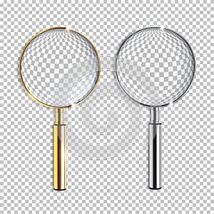 Vector realistic golden and silver magnifiers isolated on transparent background.