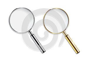 Vector realistic golden and silver magnifiers isolated on white background.