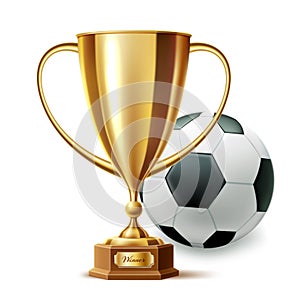 Vector realistic golden trophy cup soccer ball