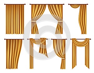 Vector realistic golden window curtains and drapes set