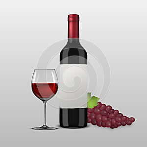 Vector realistic grapes brunch, wine glass and bottle of red wine illustartion. Design template in EPS10.