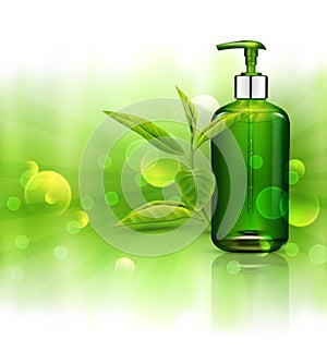Vector realistic, green, transparent bottle 3d with soap pump,