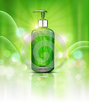 Vector realistic, green, transparent bottles 3d with soap pump on green background and sun rays. Cosmetic vial wish herbal shampo