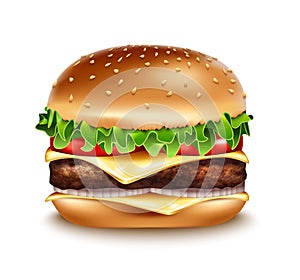 Vector Realistic Hamburger icon. Classic Burger American Cheeseburger