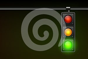 Vector Realistic Hanging Traffic Signal with Green Light. Traffic Light with Glowing Green Prohibiting Signal Isolated
