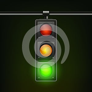 Vector Realistic Hanging Traffic Signal with Green Light. Traffic Light with Glowing Green Prohibiting Signal Isolated