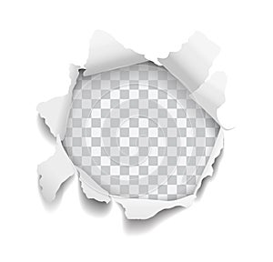 Vector realistic hole torn in white paper with curled edges on transparent background