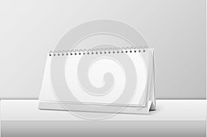 Vector realistic horizontal blank spiral calendar closeup standing on white table. Design template, mockup. Stock vector